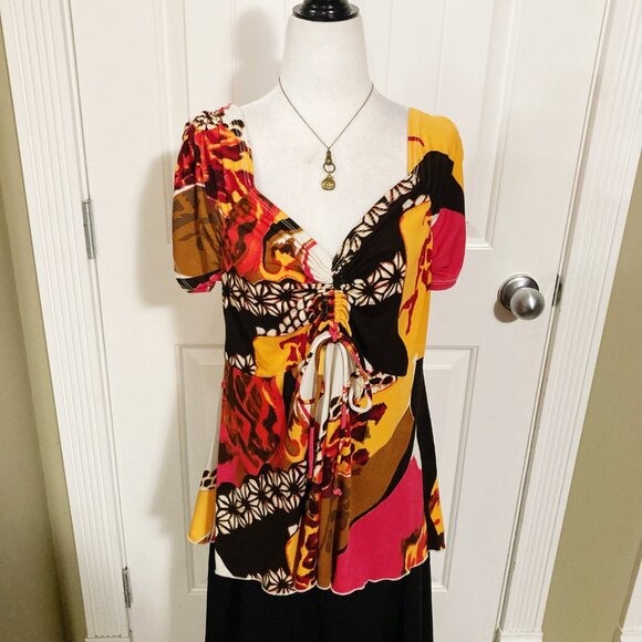 CLIENTELE Leopard floral abstract print v-neck short sleeve top ~ LARGE XL shirt - Picture 3 of 14